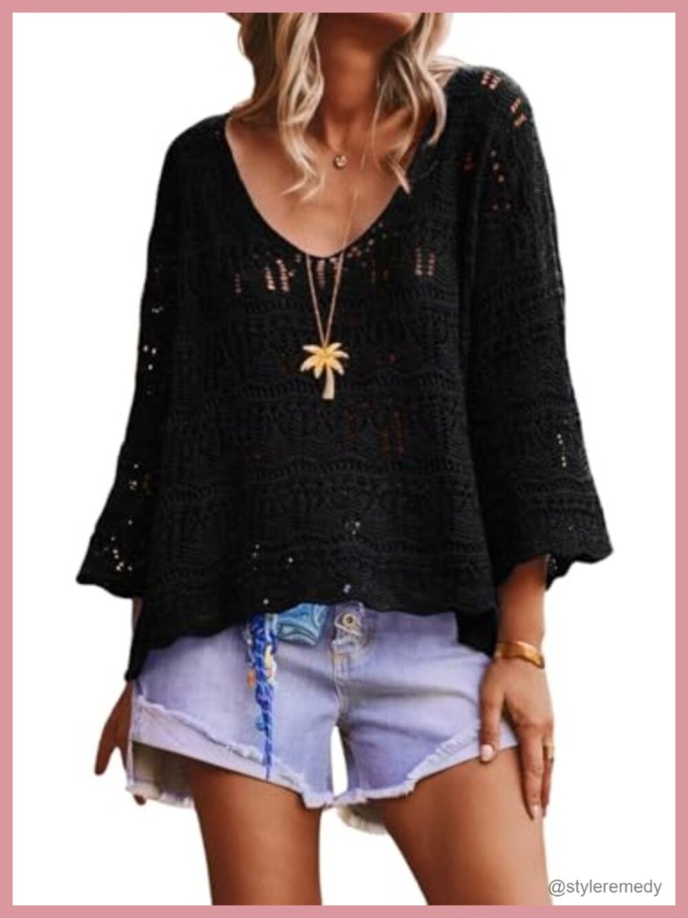 Crochet Sweater 3/4 Sleeve Boho V-Neck Pullover